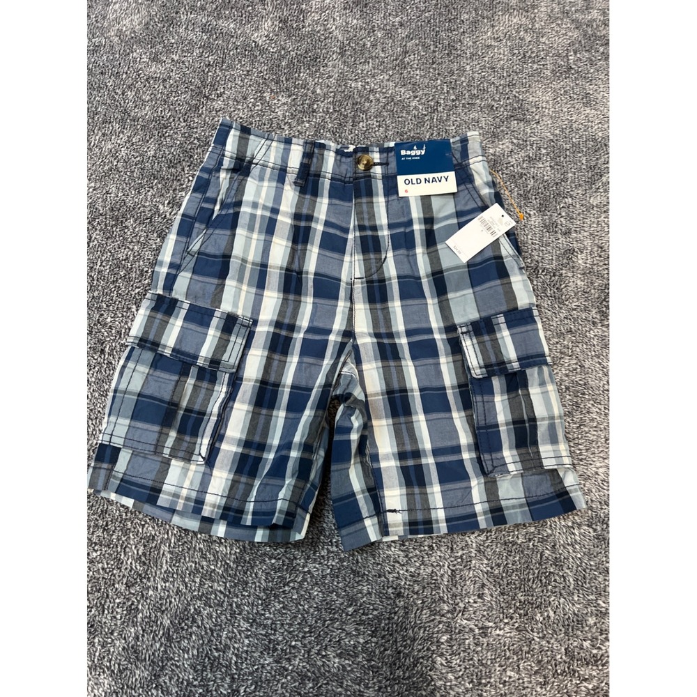 Old Navy Boys Blue Plaid Baggy At The Knee Cargo Shorts Size 6 NWT